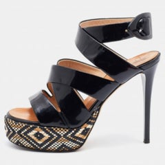 Giuseppe Zanotti Black Patent Leather Woven Platform Ankle Strap Sandals Size 37