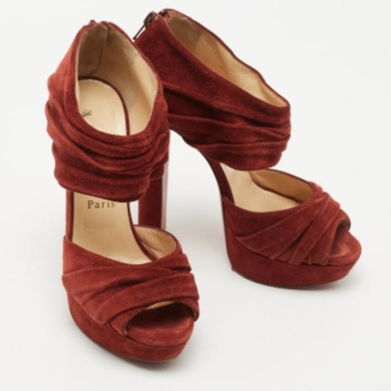 Brown Christian Louboutin Rust Red Suede Pleated Bandra Zip Platform Sandals Size 37 For Sale