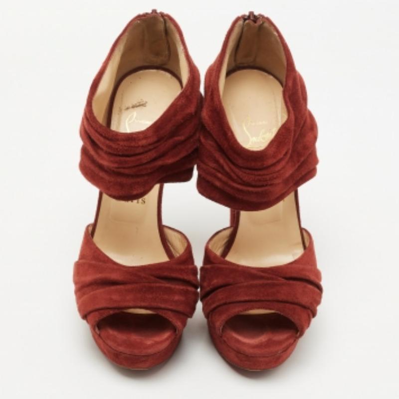 Christian Louboutin Rust Red Suede Pleated Bandra Zip Platform Sandals Size 37 In Good Condition For Sale In Dubai, Al Qouz 2
