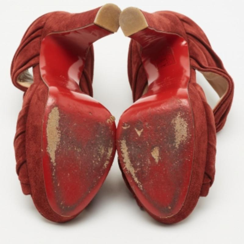 Women's Christian Louboutin Rust Red Suede Pleated Bandra Zip Platform Sandals Size 37 For Sale
