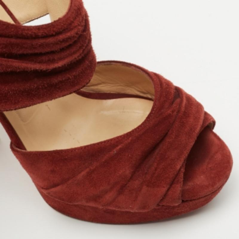 Christian Louboutin Rust Red Suede Pleated Bandra Zip Platform Sandals Size 37 For Sale 1