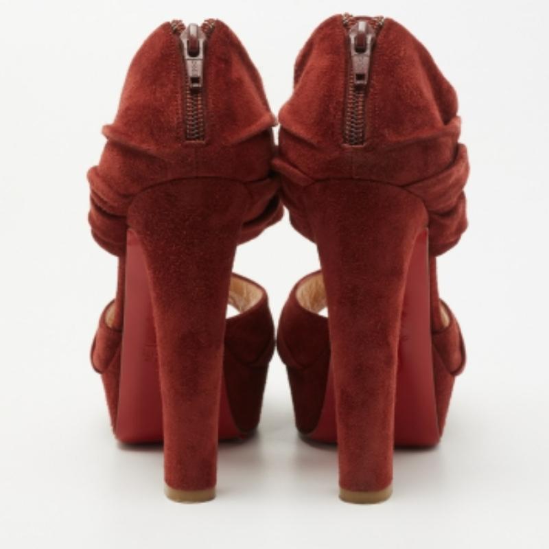 Christian Louboutin Rust Red Suede Pleated Bandra Zip Platform Sandals Size 37 For Sale 4