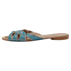 Gina Pink/Blue Crystal Embellished Satin Flat Slides Size 41