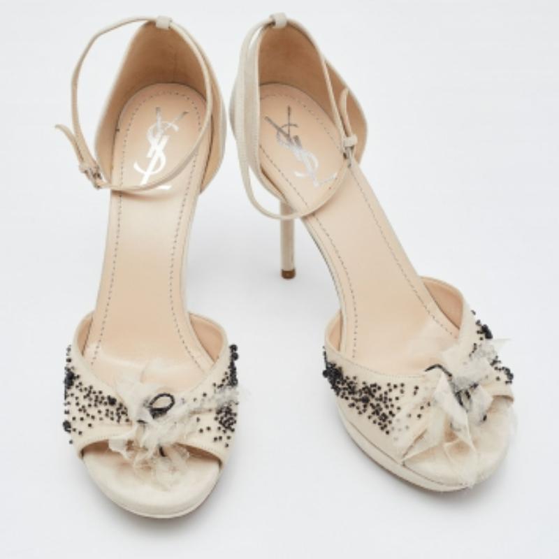 Gris Yves Saint Laurent Off White Suede & Fabric Platform Sandals Taille 40 en vente