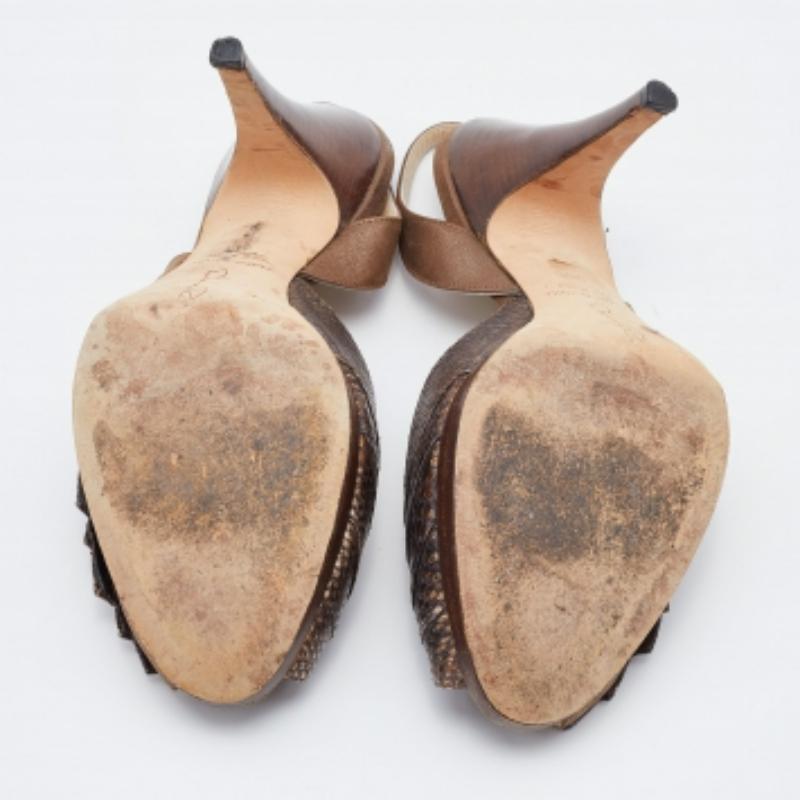 Oscar De La Renta Brown Python Embossed Leather Slingback Peep Toe Pumps Size 38 en venta 1