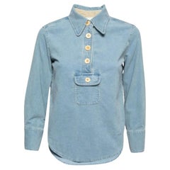 Chloe - Top a coste azzurro con dettaglio tasca - S