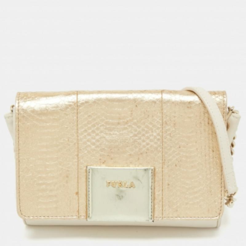 Furla Borsa a tracolla in pelle oro/crema e pitone goffrato in vendita