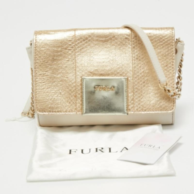 Beige Furla Borsa a tracolla in pelle oro/crema e pitone goffrato in vendita