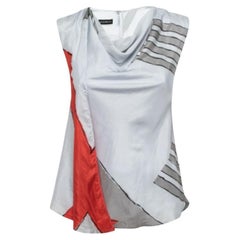 Emporio Armani - Top in seta stampata blu chiaro con drappeggio S