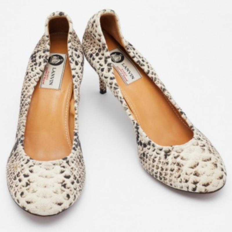 Marrone Lanvin Beige/Brown Python Print Canvas Pumps Taglia 41 in vendita