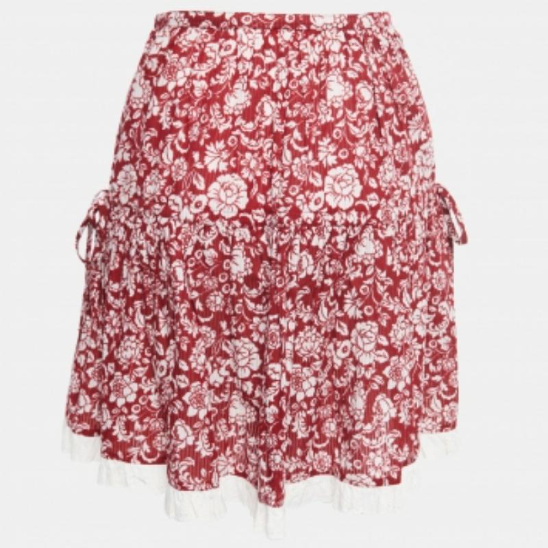 Donna See By Chloe - Minigonna in cotone con stampa floreale e rifiniture in pizzo, colore rosso S in vendita