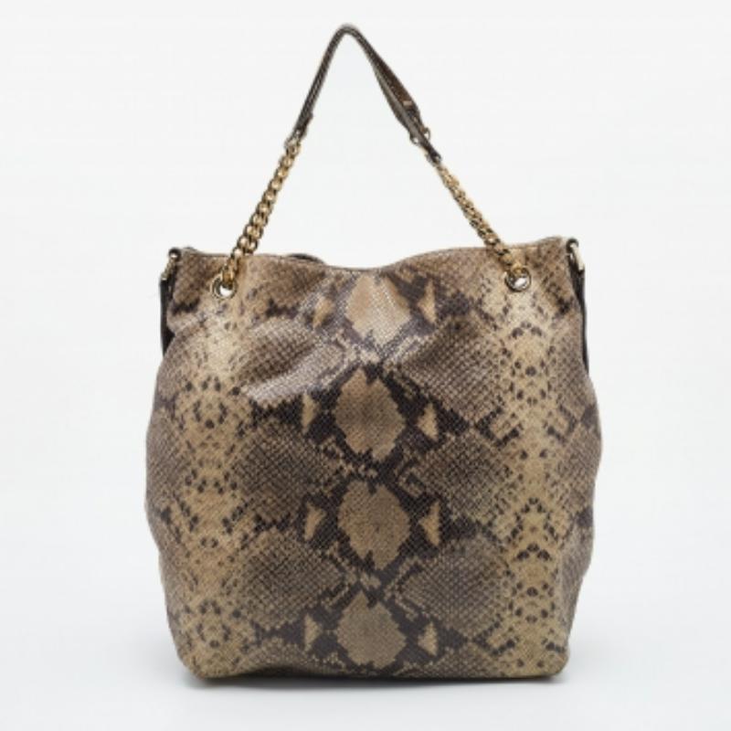 Michael Michael Kors - Borsa a tracolla Cynthia in pelle goffrata con pelle di serpente beige in vendita 2