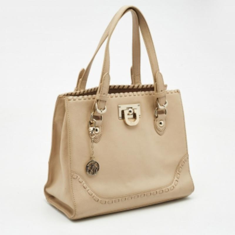 DKNY Beige Leather Beekman French Whipstitch Trim Tote en vente 3