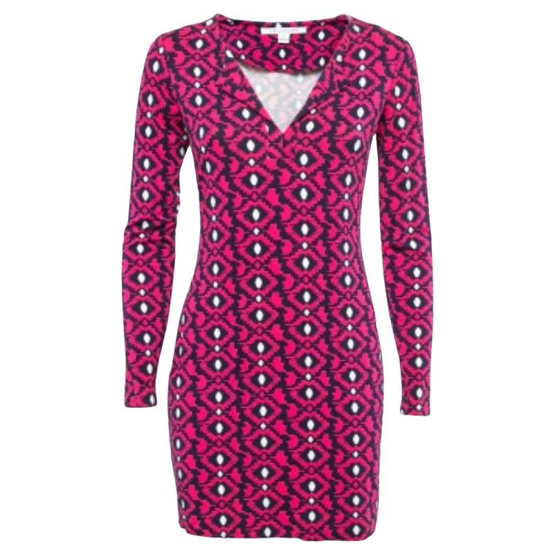 Diane Von Furstenberg - Mini robe à manches longues en maille imprimée, rose et bleu marine S en vente