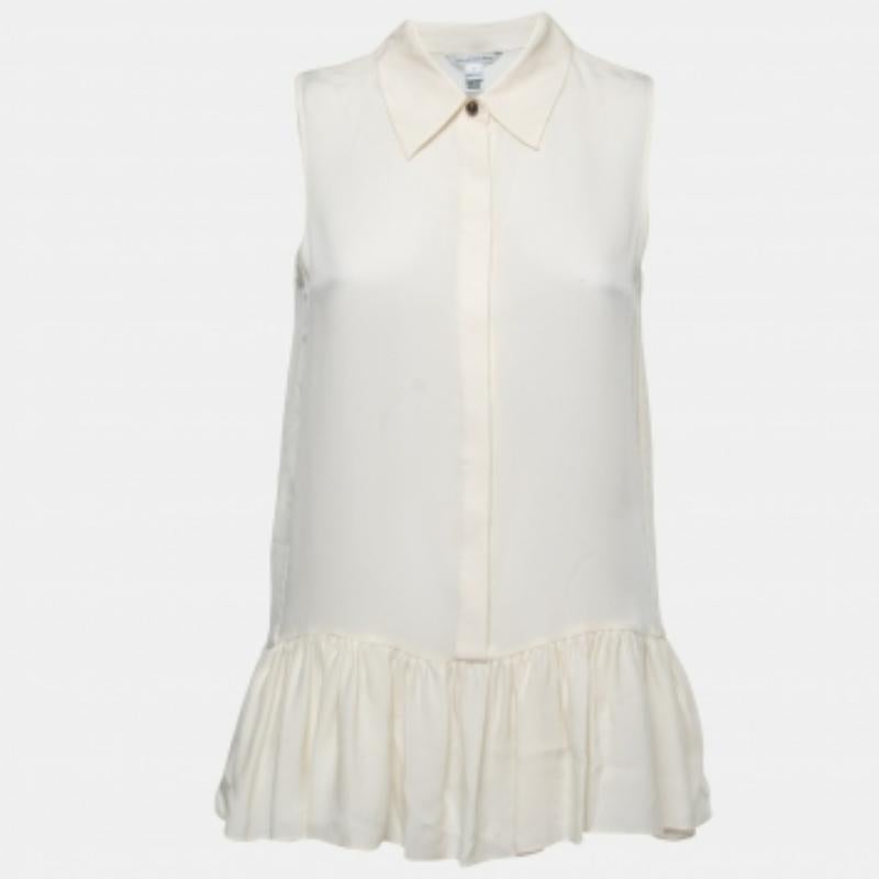 Diane von Furstenberg Top de seda crema sin mangas con dobladillo de volantes S en venta