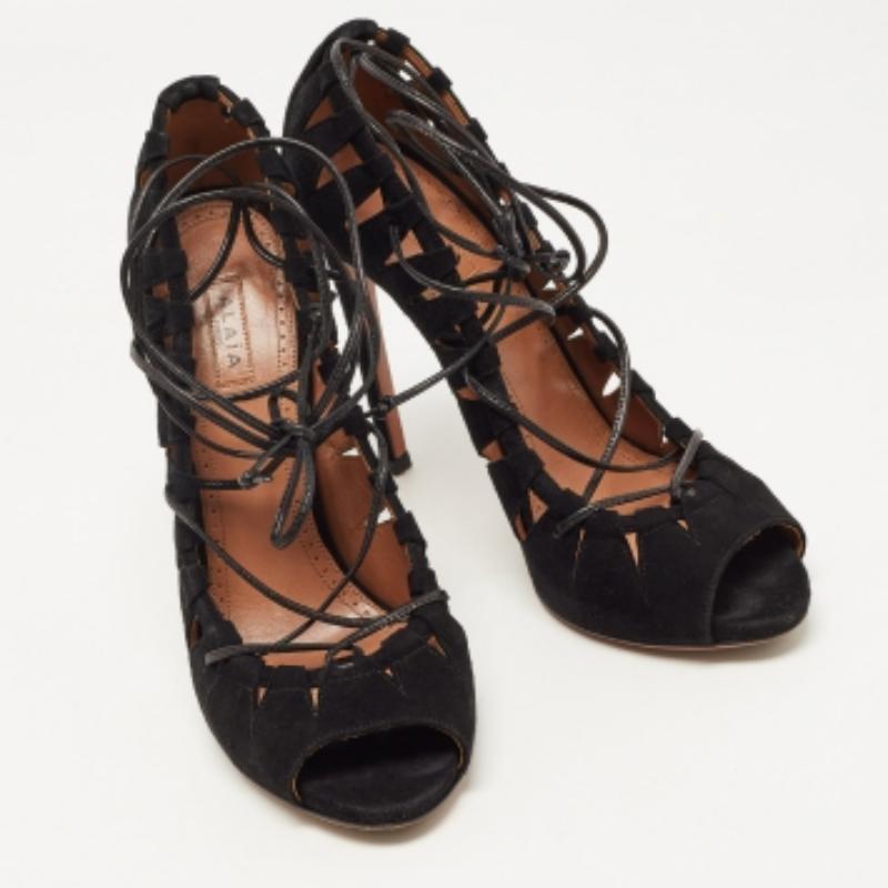 Alaia Black Suede Scallop Trim Open Toe Pumps Size 39.5 en venta 1