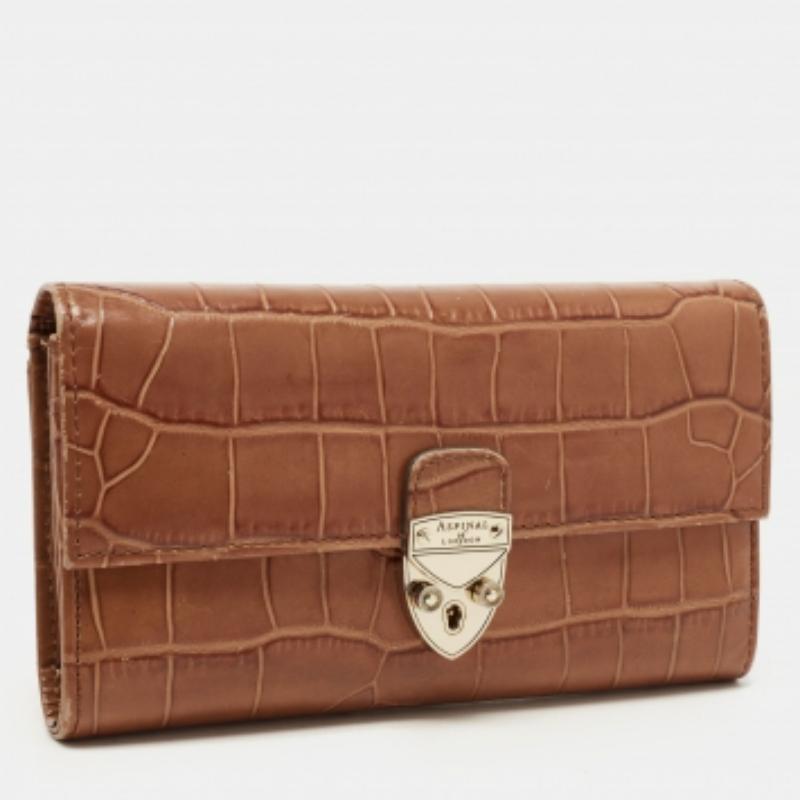 Marrone Aspinal of London Portafoglio continentale Mayfair in pelle marrone goffrata a coccodrillo in vendita