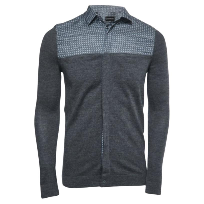 Emporio ARMANI Chemise à manches longues en tricot de coton et de laine gris à motifs S