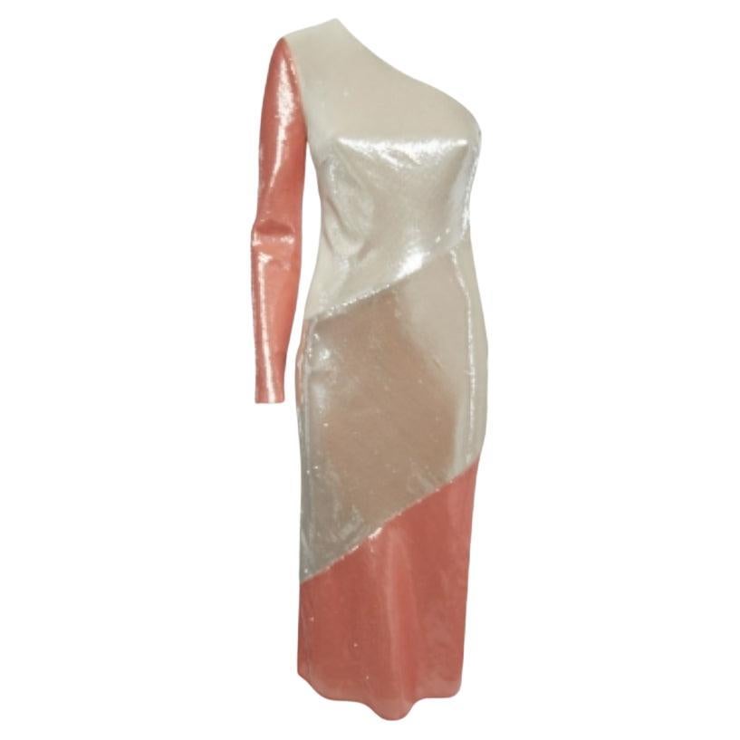 Diane von Furstenberg Vestito midi monospalla in seta con paillettes S.S. White/Arancione in vendita