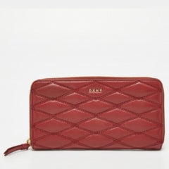 Portafoglio compatto con zip in pelle trapuntata rossa DKNY