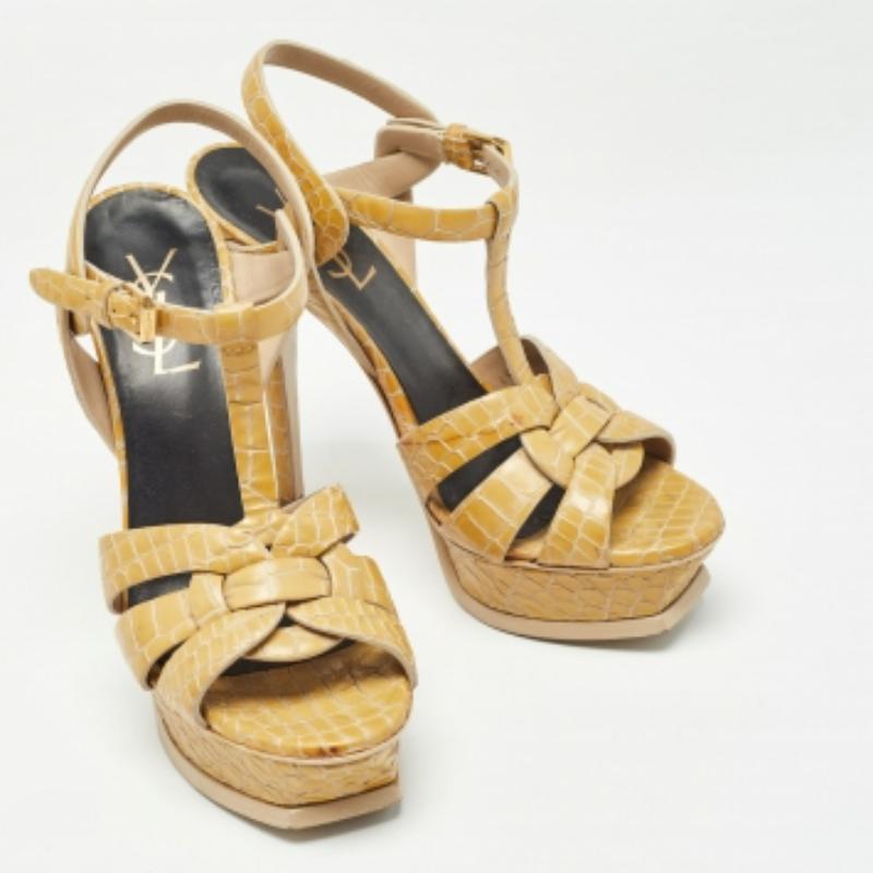 Saint Laurent Sandali Tributo in Coccodrillo Giallo Taglia 36.5 In condizioni buone in vendita a Dubai, Al Qouz 2