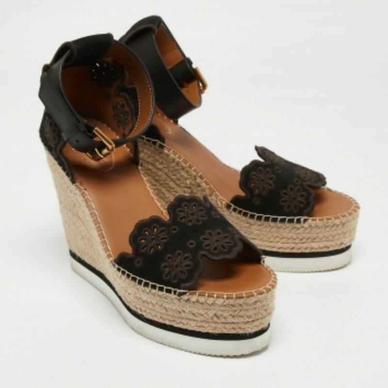 See By Chloe Sandali con zeppa in pelle e camoscio con taglio floreale Taglia 40 in vendita 1