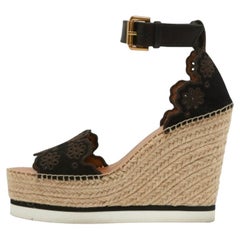 See by Chloe Suede and Leather Floral Lasercut Espadrille Wedge Sandals Size 40