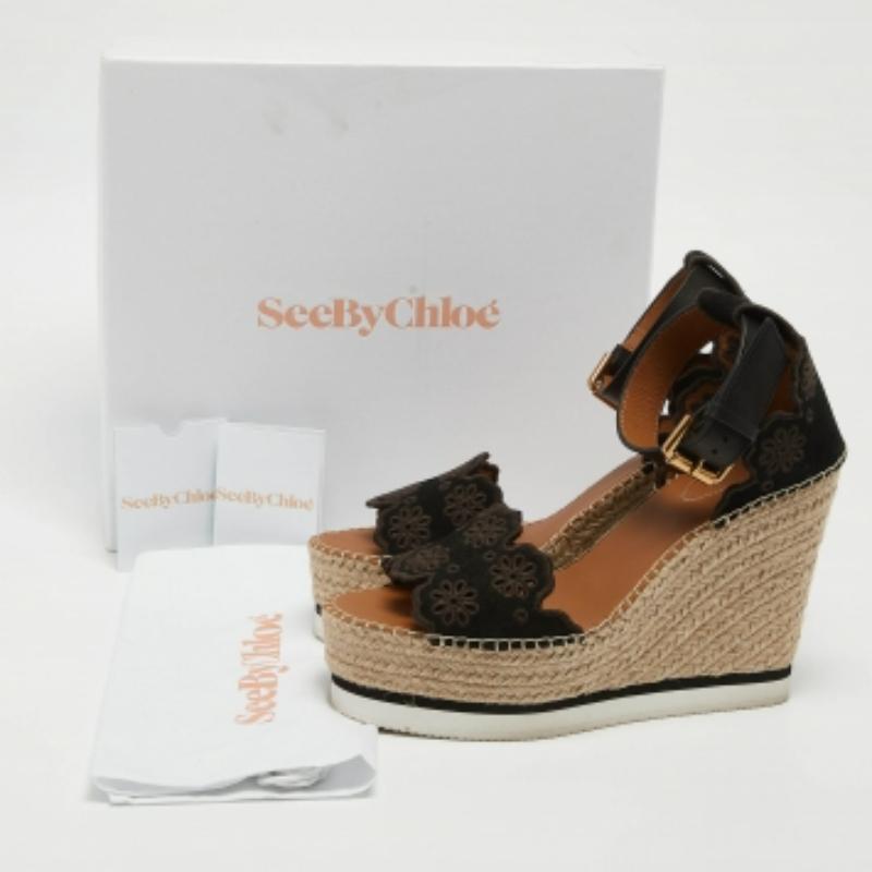 See By Chloe Sandali con zeppa in pelle e camoscio con taglio floreale Taglia 40 in vendita 4