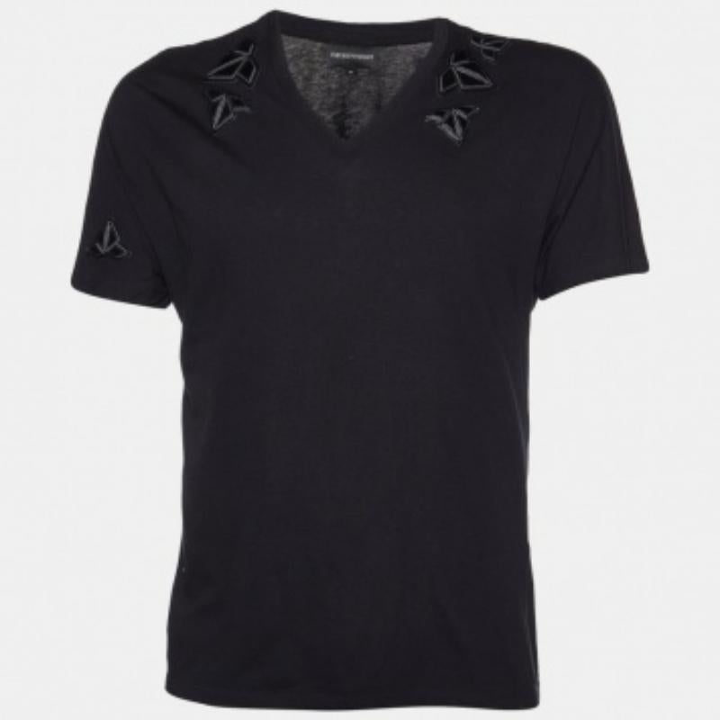 Emporio Armani Maglietta in cotone nero con dettaglio patch e scollo a V M. M. T. I. in vendita