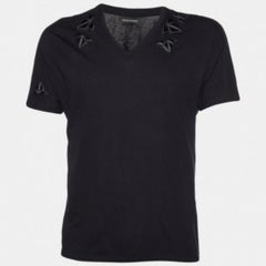 Emporio Armani Maglietta in cotone nero con dettaglio patch e scollo a V M. M. T. I.
