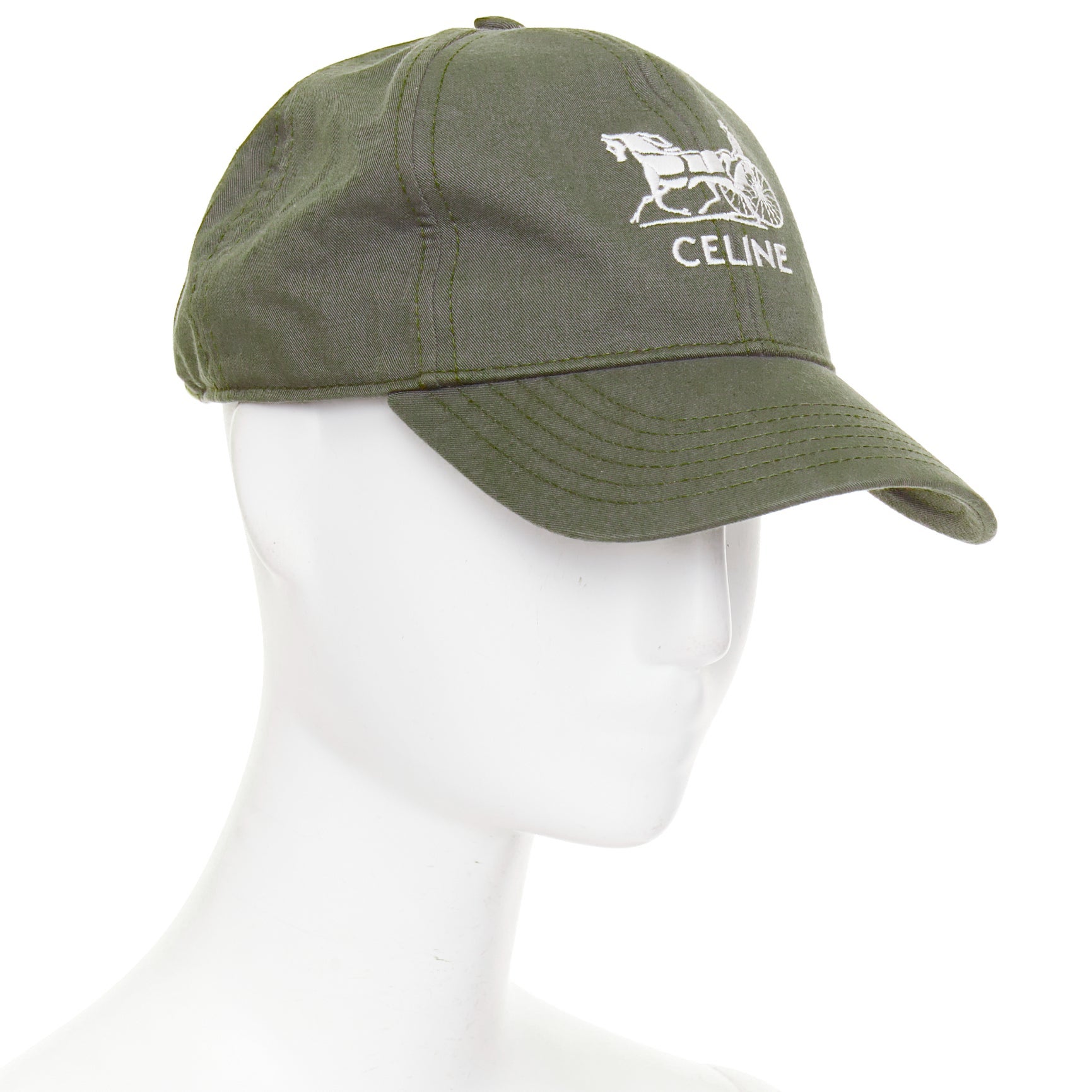 CELINE Sulky olive green cotton white carriage logo baseball cap hat 59cm For Sale