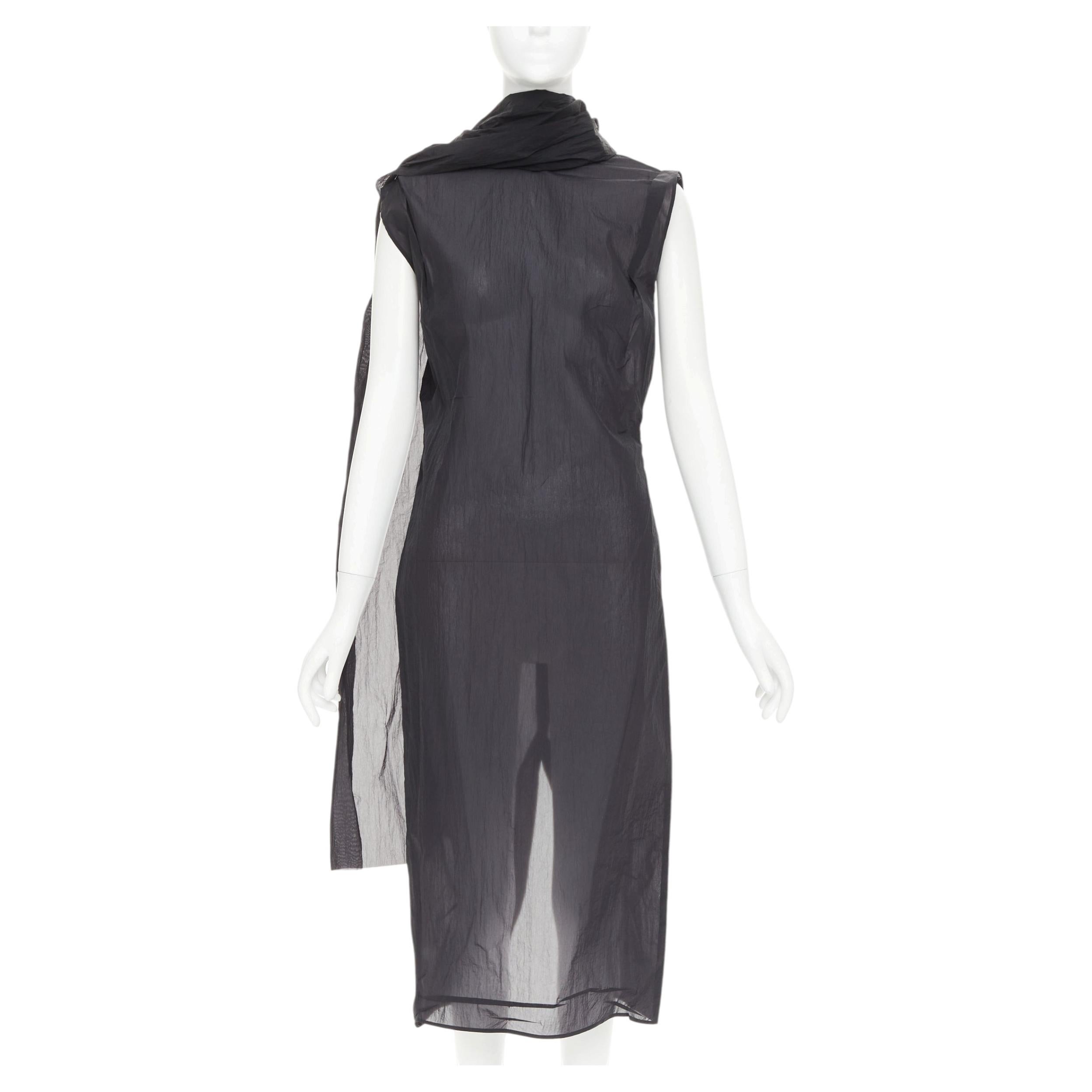 PRADA 2023 black RE-Nylon crinkle scarf rosette dipped back draped dress IT38 XS
