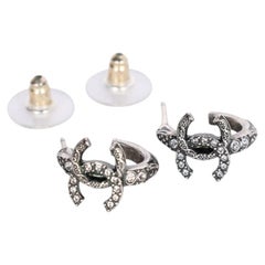 Chanel Silver Tone Rhinestone Hoop Earrings, Iconic CC Logo, France