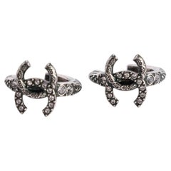 Chanel Silver Tone Rhinestone Hoop Earrings, Iconic CC Logo, France