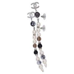 Chanel Silver Rhinestone Pearl Dangle Earrings, 21st Century Design