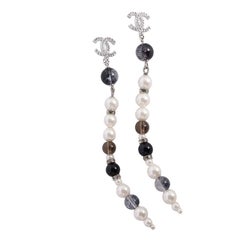 Chanel Silver Rhinestone Pearl Dangle Earrings, 21st Century Design