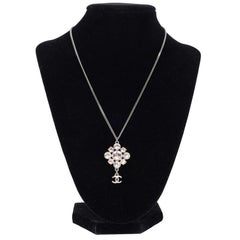 Chanel Silver Rhinestone Dangle Necklace, Logo Pendant, 21st Century