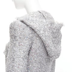 BALMAIN – Jacke mit Kapuze, Metallic-Bouclé-Tweed mit Pailletten und markanten Schultern, Größe FR36 S