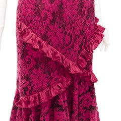 ROMANCE WAS BORN red cotton silk blend floral lace bias ruffle midi skirt AUS8 S