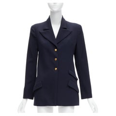 CHANEL navy gold CC buttons flap pockets military blazer jacket FR38 M