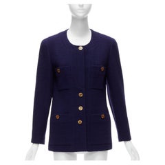 CHANEL Vintage navy blue tweed gold CC buttons 4 pocket jacket