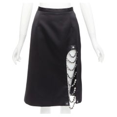 CHRISTOPHER KANE 2019 Runway black satin silver jewel chain slit skirt IT38 XS