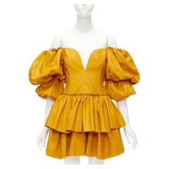 AJE 2019 Castellain mustard yellow leather puff sleeve tiered mini dress UK6 XS