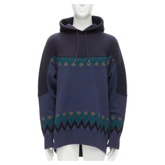SACAI 2018 navy cotton blend fairisle knit sweater hyrid hoodie JP3 L