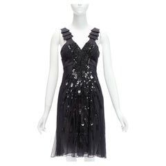 rare VERSACE 2008 black sequins bead embellishment ruffle strap dress IT38 XS
