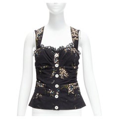 DOLCE GABBANA black floral print cross back lace trim corset top IT42 M