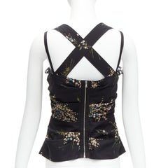 DOLCE GABBANA black floral print cross back lace trim corset top IT42 M