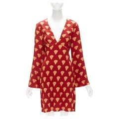 RIXO red gold oriental fan print V neck  flare sleeves short dress S