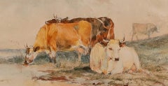 Aus dem Umfeld von Thomas Sidney Cooper – Aquarell aus dem 19. Jahrhundert, Rinder in einer Landschaft