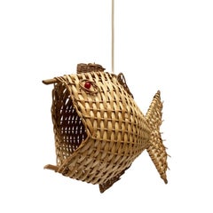 Mid-Century Modern Fish Wicker Rattan Pendant Lamp, 1960s